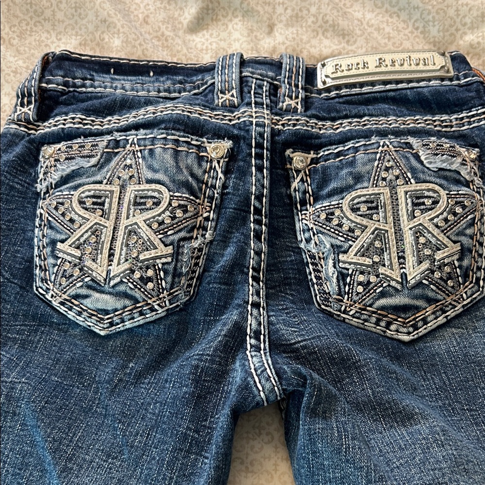 Rock Revival Dark Blue Women's Jeans with Embellished Pockets